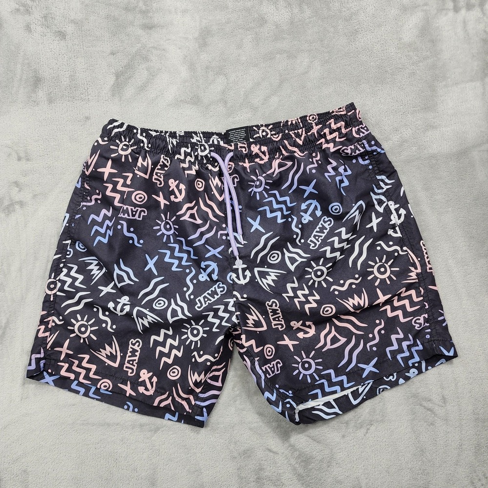 JAWS Swim Shorts Mens L Black Multicolor Print Lined Drawstring‎ Beach Summer